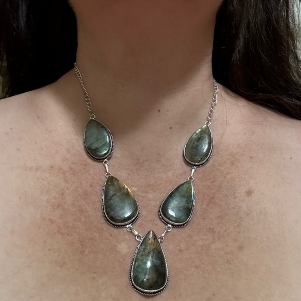 Labradorite Pear Gemstone Handmade Tibetan Artesian Necklace 18” (Adjustable)